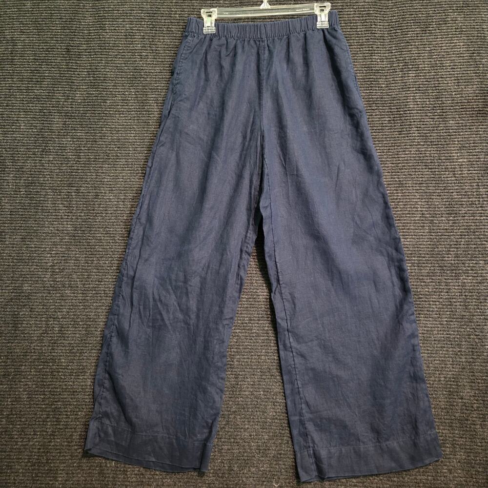 HM Womens Navy Blue 100% Linen Wide Leg Elastic Waist Cropped Pants Size Small S